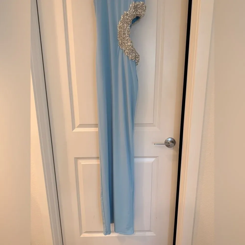 NWOT BRONX AND BANCO Camila Rhinestone Cutout Maxi Dress in powder blue - Picture 5 of 14